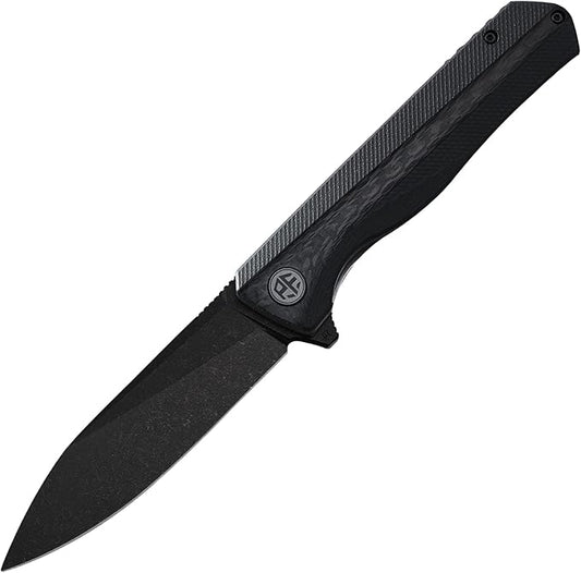 Petrified fish PF818,3.54" D2 Blade,104g G10 Handle Flipper Folding knife (Carbon fiber with G10 handle, Black stonewashed)