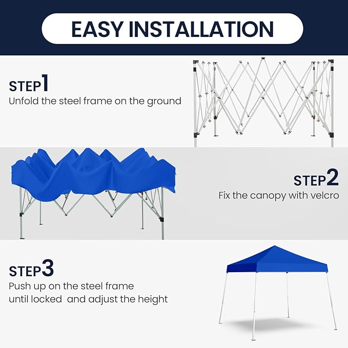 10x10 Pop Up Canopy, 300D Silver Coated Blue Fabric Outdoor Gazebo, Beach Tent Slant Legs with Storage Bag,Easy Up Sun Shade Shelter Tents with 8x8 Top Cover for Patio,Party
