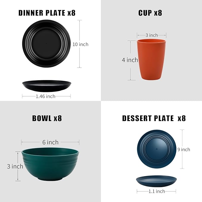 32 pcs Wheat Straw Dinnerware Sets Kitchen Plates and Bowls Sets for 8 Plastic Plates Reusable Dishes Set Outdoor Camping and Dinning Essentials Dishwasher Safe
