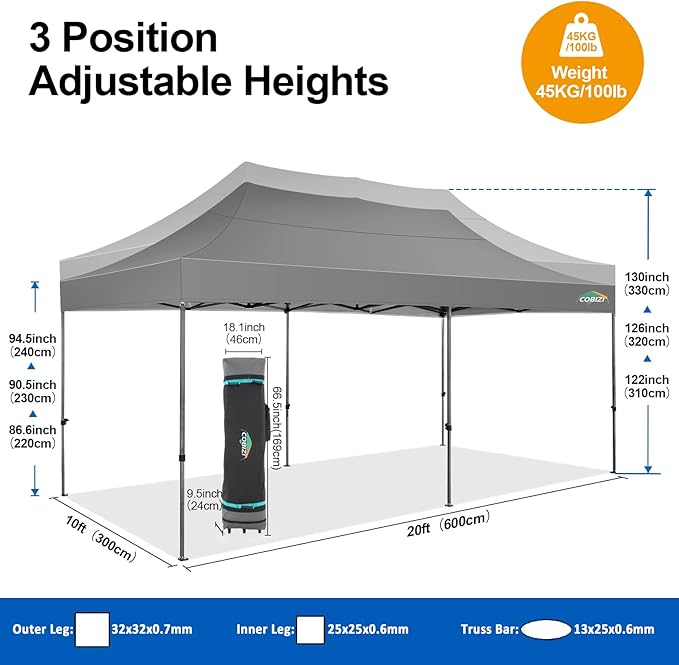COBIZI 10x20 Pop up Canopy Tent 10x20 Canopy with 6 Sidewalls Waterproof Heavy Duty Commercial Tent for Parties Outdoor Garden Gazebo, Carry Bag with Wheel(10x20ft, Gray)