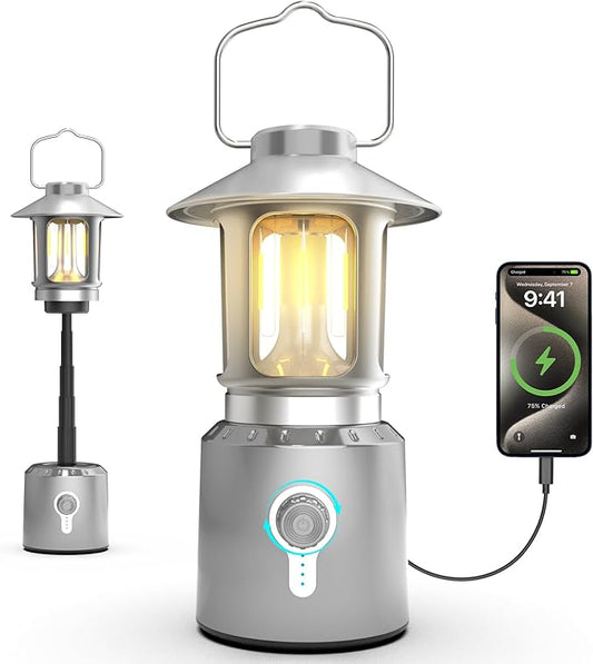 Rechargeable Camping Lantern 8000mAh, Telescoping Lighting Camping Light, 3 Light Modes Hanging Vintage Lantern, Portable Waterproof Tent Light for Hiking, Power Outages, Emergency (Silver)