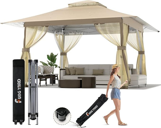 13x13 Outdoor Patio Gazebo with Mosquito Nettings - Double Roof Pop Up Canopy Tent with Wheeled Carry Bag, for Backyard Deck Lawns Garden (Beige, 13x13)