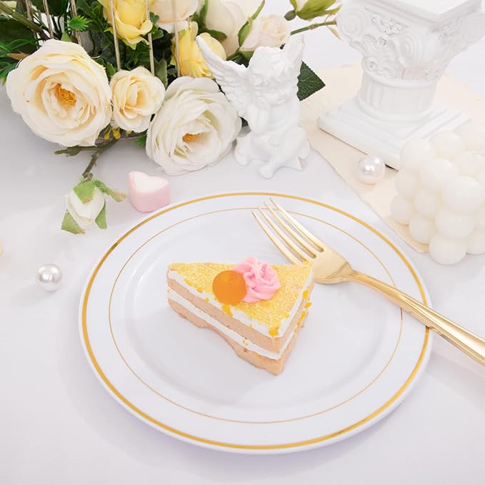 Nervure 204PCS Gold Dessert Plates with Forks - 102PCS 7.5inch Disposable Gold Plastic Plates and 102PCS Plastic Forks Perfect for Salads, Desserts, Parties, Catering, Christmas & Party & Father's Day