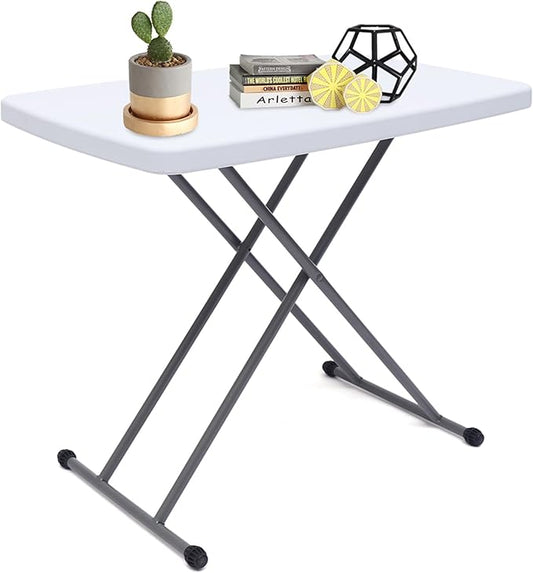 Adjustable Folding Table – 30" x 20" Foldable Desk with 3 Height Settings (18", 25", 29"), Lightweight Small Table for Camping, Outdoor, Indoor, Bedside Use, Portable White Granite Table