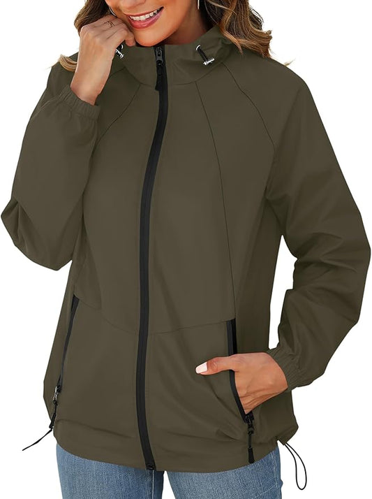 Avoogue Rain Jacket for Women Waterproof Lightweight Windbreaker Jacket with Hood Packable Raincoat with Pockets S-3XL