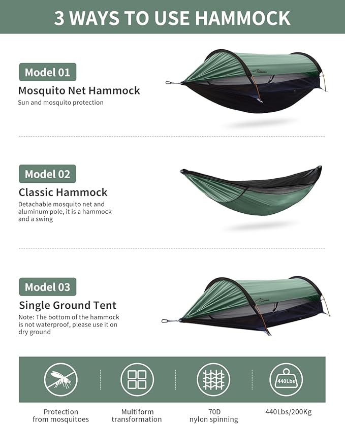 Camping Hammock Tent with Mosquito Net and Sunshade, Extra Large for 2 Person, Lightweight Hanging Hammocks Tree Straps, Bivvy Ground Tent for Outside, Hiking, and Travel