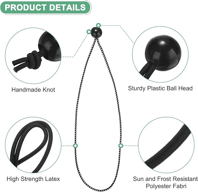 50-Pack Ball Bungee Cords, 15 Inch High Elastic Canopy Tarp Tie Down Bungee Balls for Camping/Tent/Cargo Holding Wire Hoses/Patio Umbrellas/Shelter [Black White]