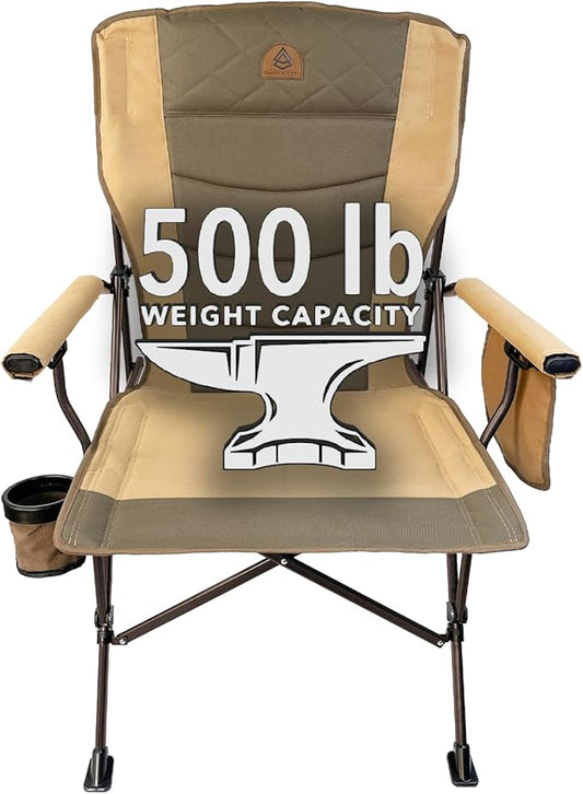 Black Sierra Oversize Camping Chair for Adults Supports 500 lbs, XL Heavy Duty Hard Arm Folding Chair, Steel Frame Durable Padded Outdoor Seat, Portable Fold Up Chair w/Cup Holder and Storage Bag