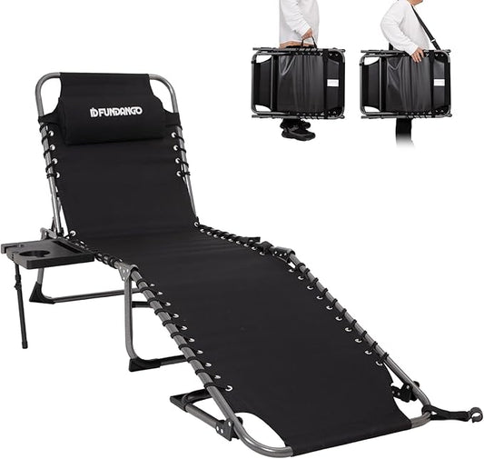 FUNDANGO Folding Chaise Lounge Chair Outdoor, 5 Positions Foldable Tanning Chairs with Side Table & Pillow for Outside Sunbathing Pool Camping Patio Lawn (Black)