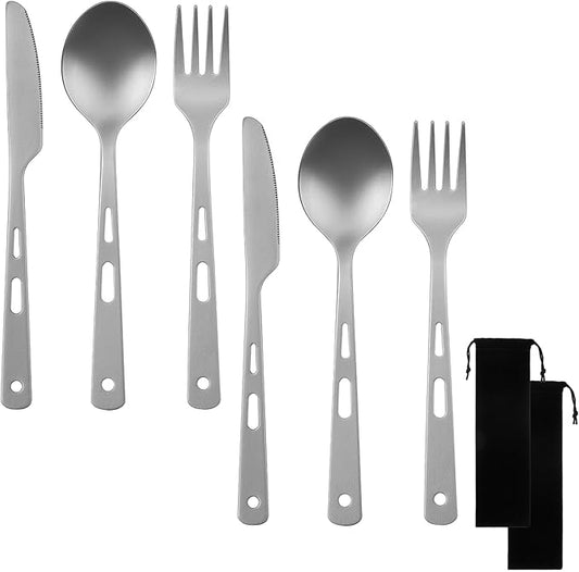 6 Pcs Pure Titanium Fork Spoon Knife Camping Utensils Set Portable Titanium Cutlery, Lightweight Travel Tableware Utensil Set with Carrying Bag for Outdoor Camping Backpacking Picnic Hiking