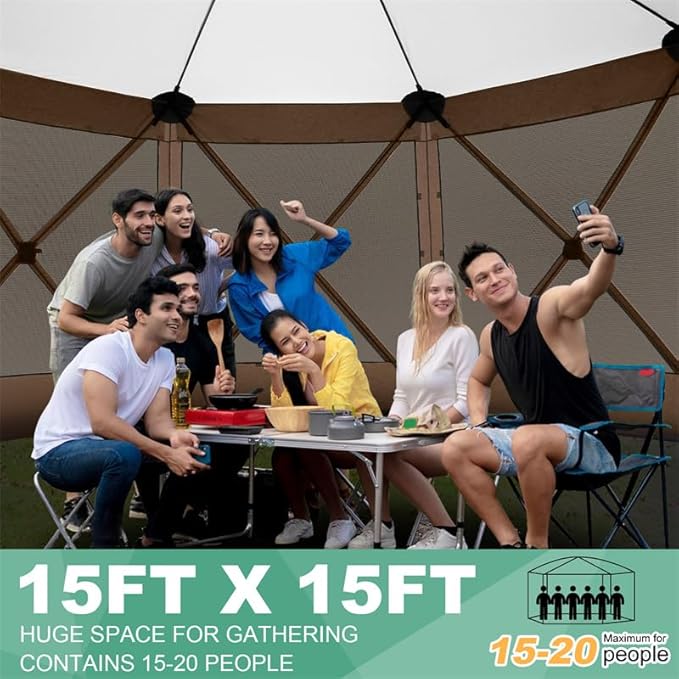 COBIZI 15x15ft Extra Large Pop-Up Gazebo Canopy Tent with Mosquito Netting, Spacious Easy Set-Up Screened Shelter, Durable Outdoor Pavilion with Ground Stakes, Perfect for Patio, Backyard, Brown