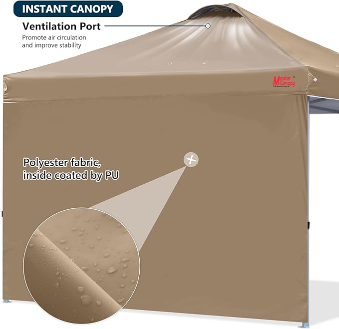 MASTERCANOPY Durable Pop-up Canopy Tent with 1 Sidewall (10'x10',Khaki)