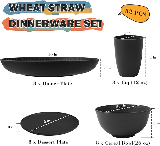 Wheat Straw Dinnerware Sets for 8, 32 Piece Unbreakable Plates and Bowls Sets, Alternative Plastic Dinnerware Set for Kitchen Outdoor and Apartment Dinning Essentials - Black