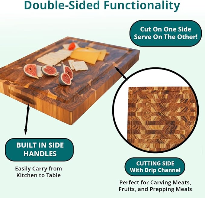 EcoDecors, FSC Teak End Grain Cutting Board 14x10, Compact Reversible Teakwood Cutting Board for Kitchen, Cheese & Charcuterie, Solid Wood Chopping Board with Natural Finish