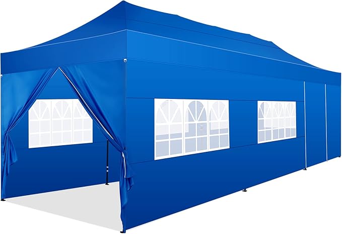 COBIZI 10x30 Pop Up Canopy with 8 Sidewall,Heavy Duty Canopy UPF 50+ All Season Wind Waterproof Commercial Outdoor Wedding Party Tents for Parties Canopy Gazebo with Roller Bag(10 x 30 ft Blue)