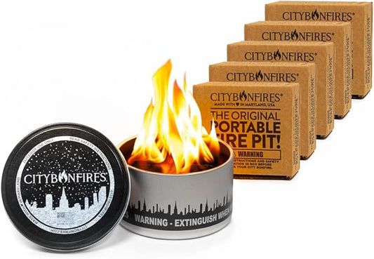 City Bonfires Portable Fire Pit - Mini Fire Pit, Table Top Firepit, No Wood, No Embers, 3-5 Hours of Burn Time - Food Safe for Smores - Lightweight, Emergency Heat, Camping Stove (5-Pack)