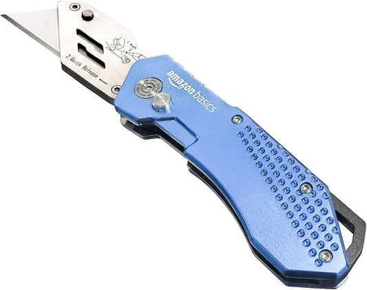 Amazon Basics Folding Utility Knife, Lightweight Aluminum Body with Holster, Light Blue