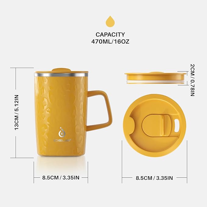 Ideus Vacuum Insulated Coffee Mug, 16oz Reusable Stainless Steel Thermal Double Walled cup with Handle and Slider Lid for Hot & Cold Beverages, BPA Free (Leapord Honey)