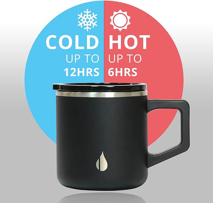 Elemental Insulated Coffee Mug - Triple-Wall Stainless Steel Summit Travel Cup for Hot and Cold Drinks - Thermal Coffee Mug with Lid and Handle for Camping, Office & Travel 12oz - Black