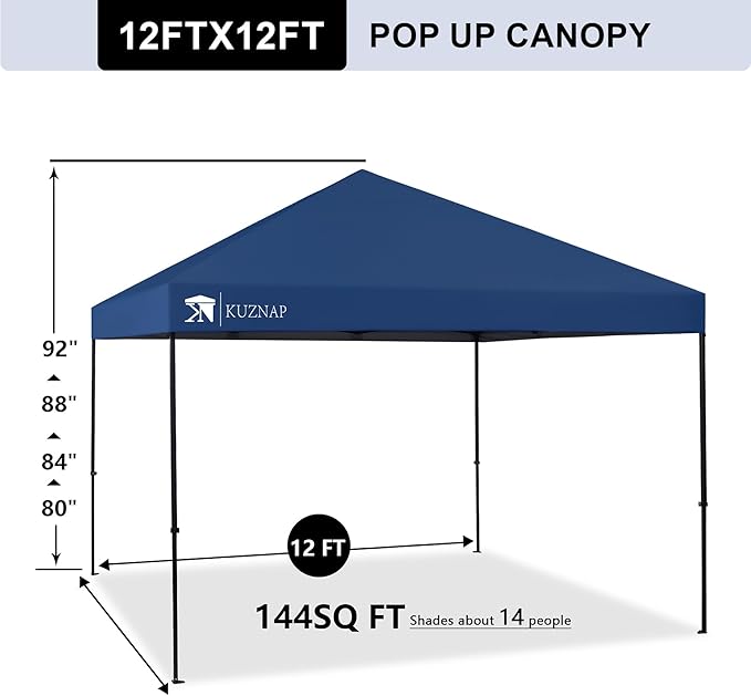 12’x12’ Pop up Canopy Tent Patented EZ Set up Instant Outdoor Canopy with Wheeled Carry Bag Bonus 4 Weight Sandbags, 8 Stakes and 4 Ropes， Blue