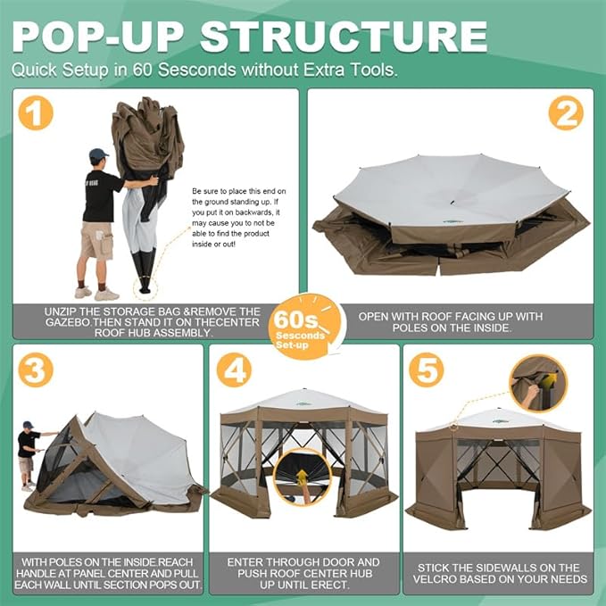 COBIZI 15x15ft Extra Large Pop-Up Gazebo Canopy Tent with Mosquito Netting, Spacious Easy Set-Up Screened Shelter, Durable Outdoor Pavilion with Ground Stakes, Perfect for Patio, Backyard, Brown