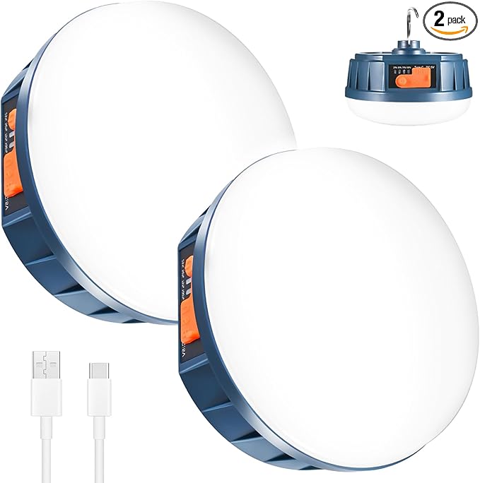 2PCS LED Flashlinght Hanging Camping Lantern Rechargeable Lamp Essentials, 200W Outdoor Camping Tent Lights for Camper Decor, 4000LM Waterproof Canopy Lights Outdoor for Power Outages (2)