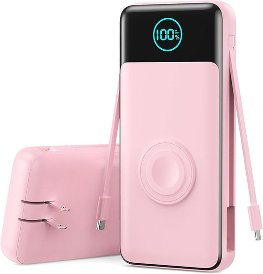 Portable Charger 26800mah for iPhone with Built-in Cables & AC Wall Plug,6-in-1 USB C Power Bank with iWatch Charger,25W PD Fast Charging Battery Pack for iPhone 16/15/14/13/12,Android,Apple Watch etc