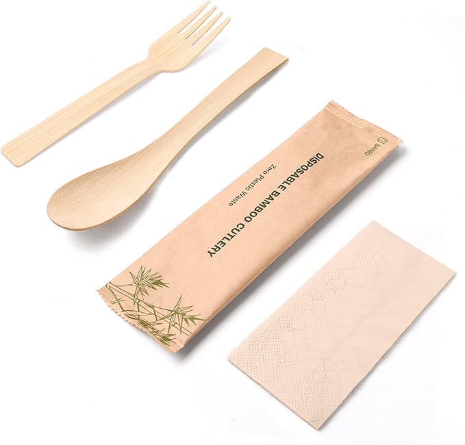 Individually Wrapped Bamboo Cutlery/Utensils With Napkins 66Pack ((6.7" 66 Forks 66 Spoons 66 Napkins) Travel Set Compostable Biodegradable Forks Soup Spoons for Party/Wedding