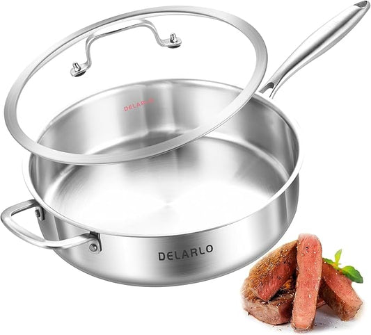 DELARLO Tri-Ply Stainless Steel 7QT Jumbo Cooker Saute Pan With Lid, 12.5 Inch Deep Frying Pan, Induction Large Skillet, Cooker Pan for Chefs, Dishwasher & Oven Safe