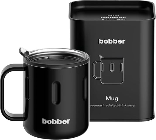 BOBBER 10 oz Insulated Coffee Mug with Handle & Lid – Premium Stainless Steel Camping Cup for Hot and Cold Drinks – Triple Walled Coffee Mug, Perfect for Home & Office (Black)