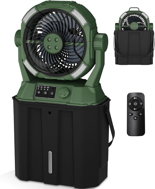 Misting Fan Portable 42800mAh Rechargeable Camping Fan with Remote Control, 3 LED Light & Stepless Speed Control & Cooling Spray with 6L Bucket, Timer Function, Portable Handle, Rotating Hanging Hook
