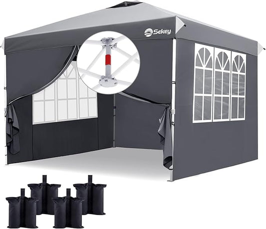Sekey 10x10 Pop Up Canopy with 4 Sidewalls, One Push Setup Instant Outdoor Gazebo, Instant Easy Up Canopy with UPF50+ Top, 4 Weight Bags for Events, Beach, Patio, Camping