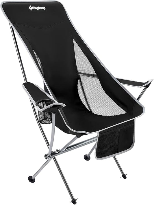 KingCamp Compact Camping Chair with Armrest Ultralight High Back Backpacking Chairs for Adults Lightweight Folding Chair Heavy Duty Support 265 Lbs Portable for Traveling, Lawn, Festival, Black