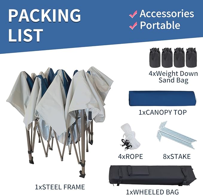 OUTDOOR LIVING SUNTIME 13x13 Instant Easy Pop Up Canopy,Portable Commercial Gazebo Camping Gazebo Tent Shelter with Wheeled Roller Carry Bag, Bonus Weight Sandbags, Stakes, Ropes - Navy