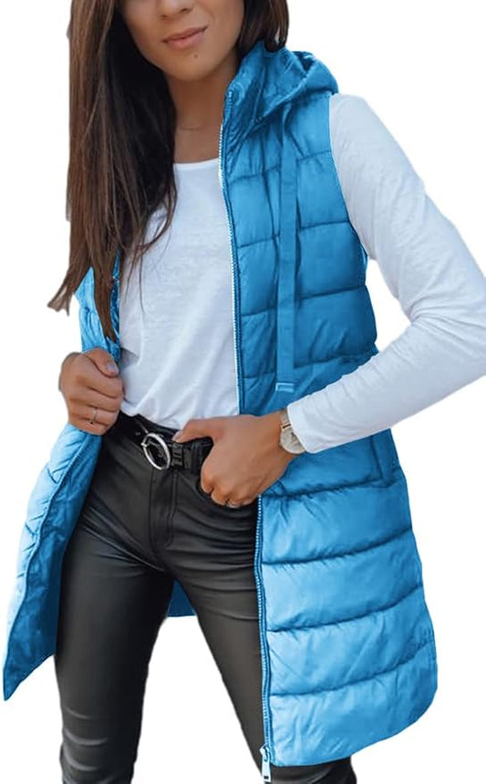 Veatzaer Women Long Vest Solid Color Sleeveless Hood Winter Puffer Vest Outwear