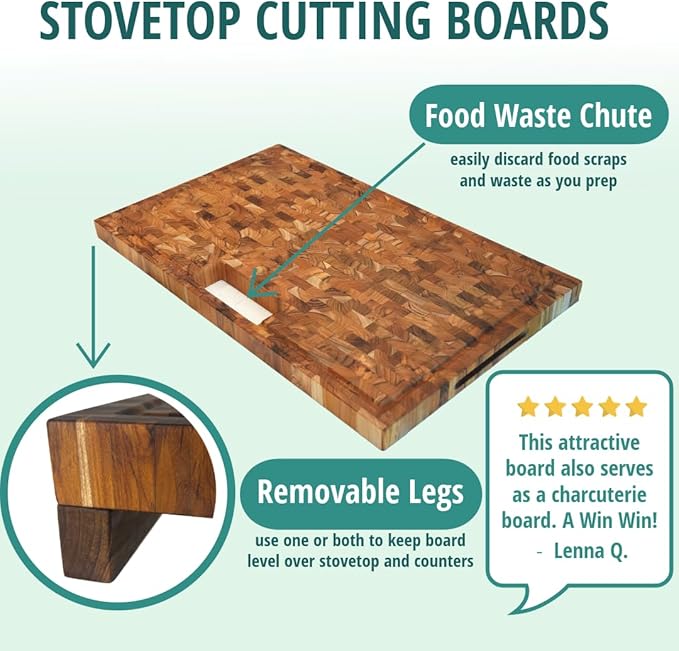 EcoDecors, Teak End Grain Cutting Board 29"x18", Solid FSC Teakwood Carving Board with Juice Groove, Handles & Waste Disposal, Butcher Block Cutting Board for Kitchen, BBQ, and Stove-Top Prep