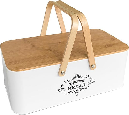 Large Bread Box Metal Bread Bin with Bamboo Lid and Handle Portable Outdoor Bread Food Storage Container Modern Bread Box for kitchen Counter Organizer Kitchen Decor (white 1)
