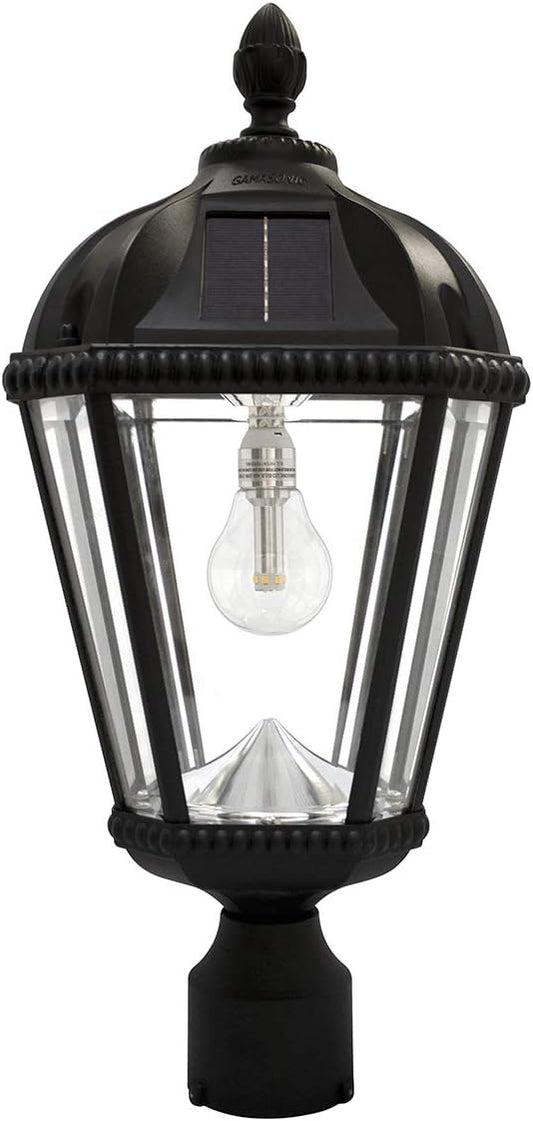 Gama Sonic Outdoor Solar Post Light, Black Aluminum, Royal Bulb, Rain Water Glass, Single Lamp with 3-inch Fitter for Lamp Posts Warm White LED, 98B012 (Upgraded Panel and Battery)