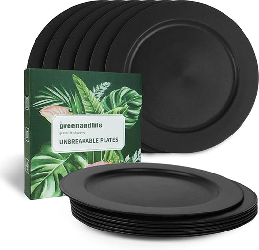 greenandlife 10inch/6pcs Dishwasher & Microwave Safe Wheat Straw Plates, Alternative for Plastic Plates, Lightweight Reusable Unbreakable Dinner Plates, Non-toxin, BPA Free for Kids Adults, Black