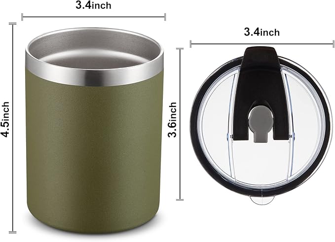 MEWAY 12oz/8Pack Coffee Mug With Lid, Insulated Stainless Steel Reusable Coffee Cup, Double Wall Durable Coffee Mug, Powder Coate，For Coffee, Beer, Home, Office(Army Green,8 Pack)
