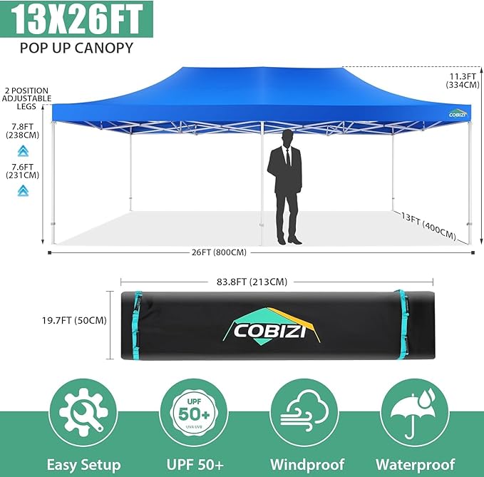 COBIZI 13x26 Pop Up Canopy with Sidewalls Heavy Duty Canopy Party Tent for Parties, Outdoor Wedding Large Event Tent Wind Waterproof UPF 50+ Ez Up in Garden Lawn with Roller Bag, Blue