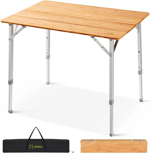 ATEPA Wooden Folding Table, Adjustable Height Folding Tables Environmental Bamboo Camping Table with Aluminum Legs Carry Bag for Travel Picnic Beach Fishing Outdoor Indoor, 2-4 Person
