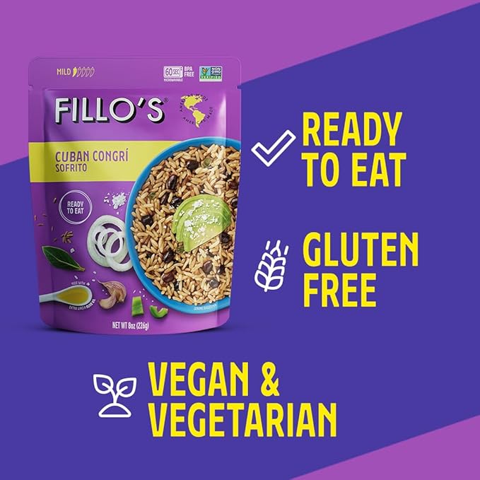 Fillo's Cuban Congri - Black Beans and Rice, Ready to Eat Rice with Beans, 8 oz Pk of 6, Gluten-Free, Preservative-Free, Microwavable Meals, Non-GMO, Vegan