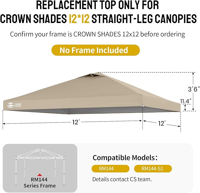 CROWN SHADES 12x12 Canopy Replacement Top - Only Compatible with Crown Shades RM144 Series, Silver Coated with Air Vent, Khaki (Top Only)