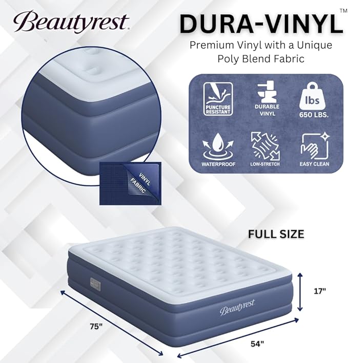 Beautyrest Supreme Air, Full Size Air Mattress with Built-in Pump, Raised Inflatable Bed for Adults, Puncture-Resistant Vinyl, Auto Shut-Off, 650lb Support, Guest Bed, Camping Airbed, 3-Year Warranty