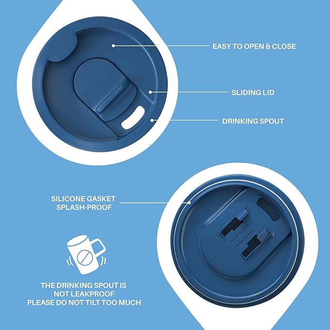 Ideus Vacuum Insulated Coffee Mug, 16oz Reusable Stainless Steel Thermal Double Walled cup with Handle and Slider Lid for Hot & Cold Beverages, BPA Free (Leapord Blue)
