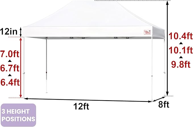 Tradesparker 8x12 Pop Up Canopy Tent,Easy up Commercial Canopy Tent Instant Shelter for Beach Events Parties Camping Market,Pop Up Canopies with LED Curtain+Casters+Weight+Stakes,White