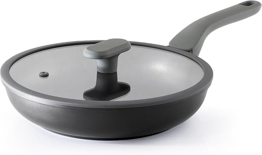 Nonstick Ceramic Frying Pan with Lid, 8/10 Inch Skillet with Stay Cool Handle, Fully Coated, Induction Compatible & Oven Safe, 100% Dishwasher Safe, PTFE & PFOA Free（8 Inch, Black Sesame）