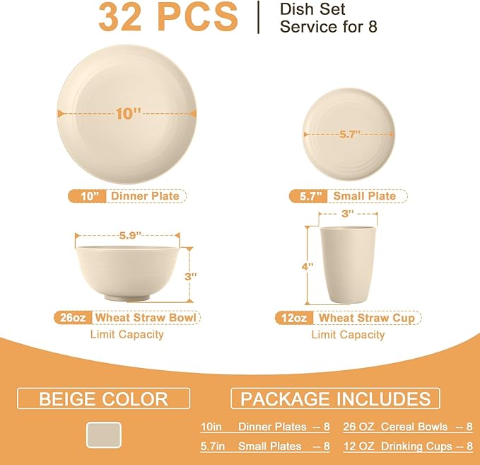 Homienly 32 PCS KItchen Wheat Straw Dinnerware Sets for 8, Reusable Plates and Bowls Sets, Dishes Set for 8, Alternative to Plastic Dish Set for Camping, PIcnic, Microwave and Dishwasher Safe - Beige