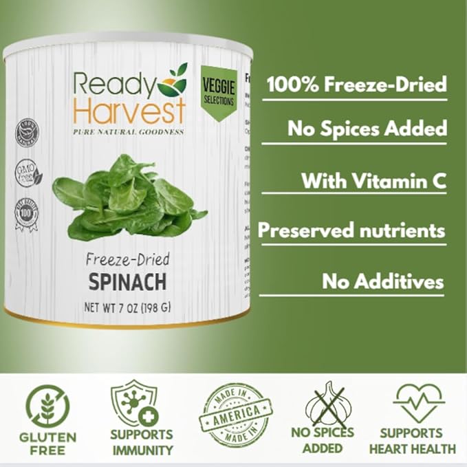 Ready Harvest Freeze Dried Food - Spinach | Emergency Vegetables | Camping Essentials | #10 Can | 25-Year Shelf Life | Cans Filled to the Top